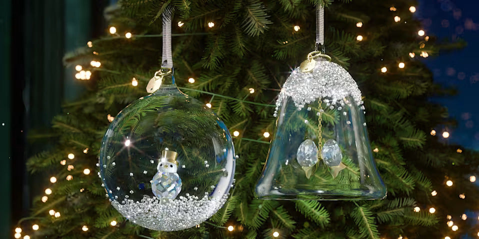 Swarovski Christmas Ornaments, hanging from a tree