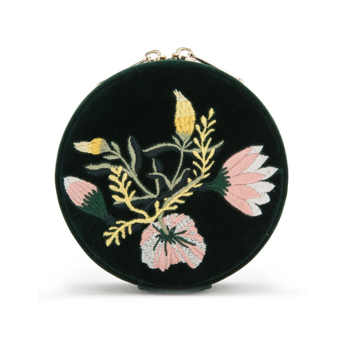 WOLF Zoe Travel Round jewellery case in green velvet with floral embroidery