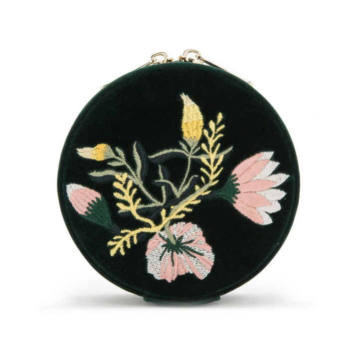 WOLF Zoe Travel Round jewellery case in green velvet with floral embroidery
