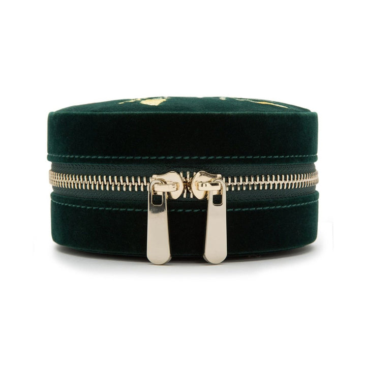 WOLF Zoe Travel Round jewellery case in green with zip around closure