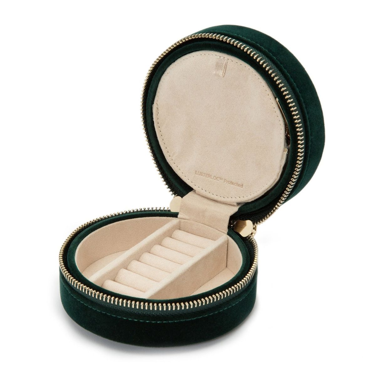 WOLF Zoe Travel Round jewellery case open, showing zip pouch and interior compartments