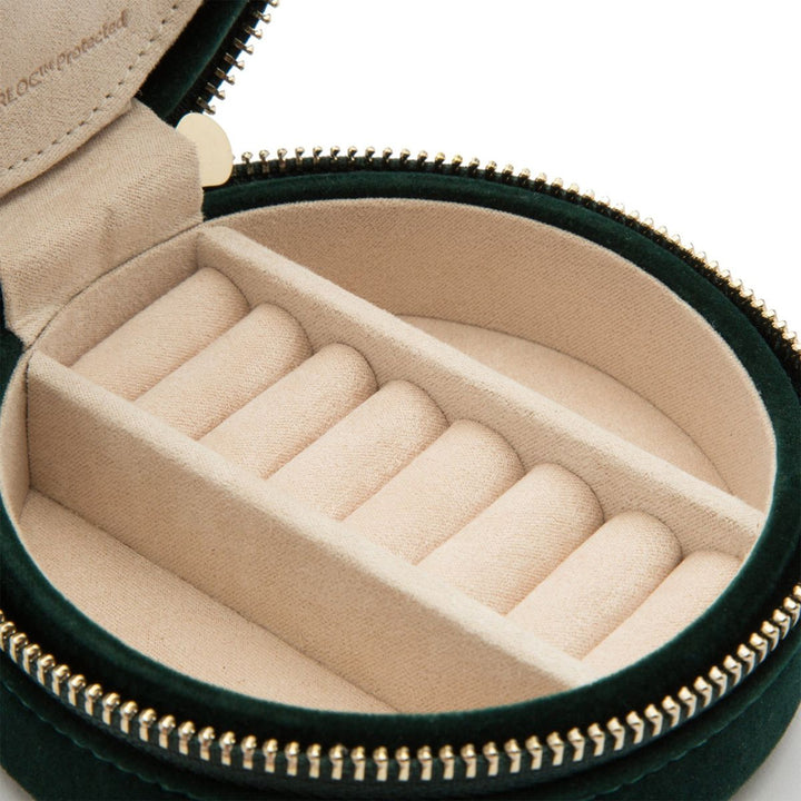 Inside the WOLF Zoe Travel Round jewellery case, showing ring rolls and storage compartment